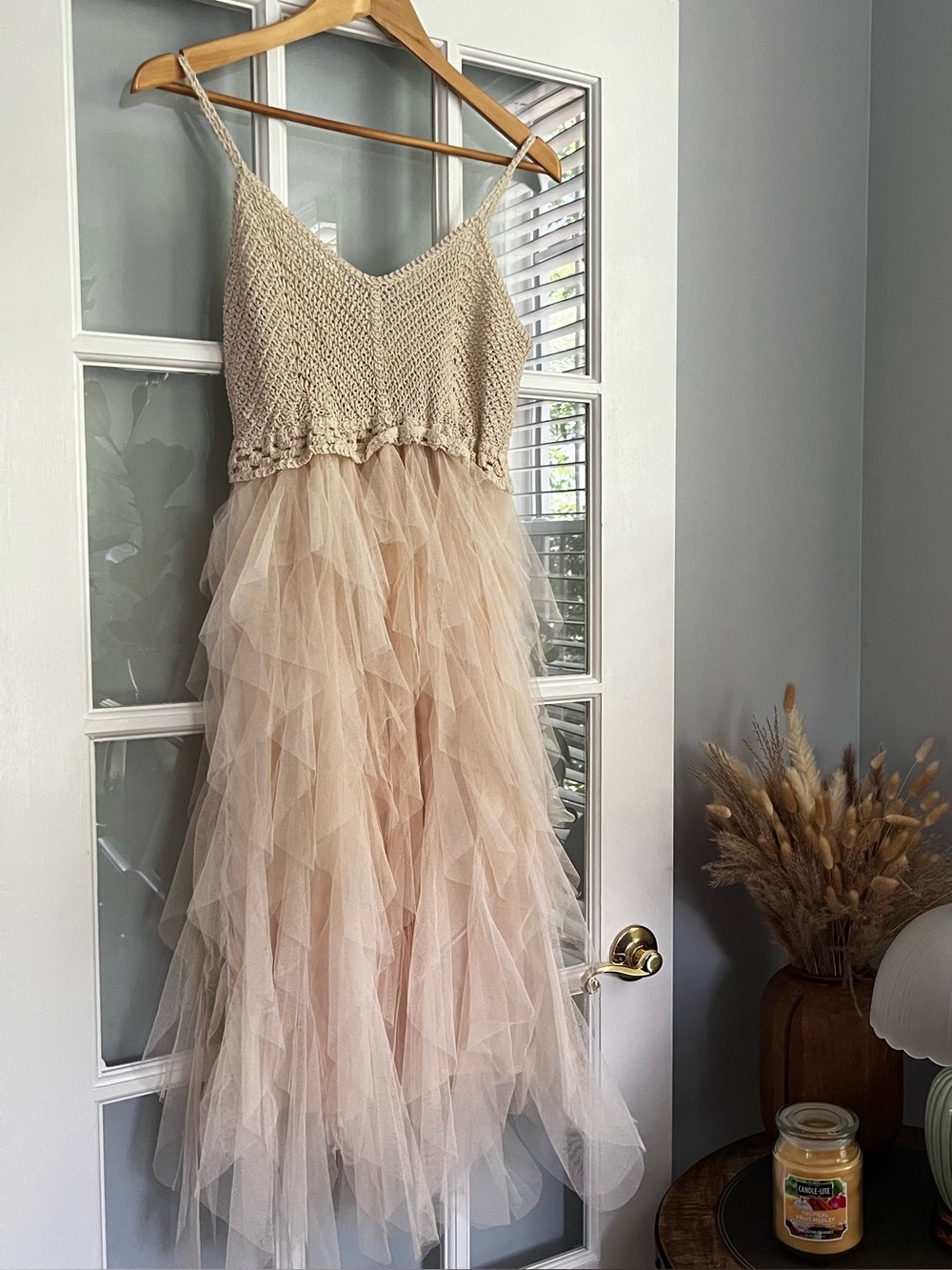 Sleeveless Crochet Bodice Tulle Midi Dress in Beige